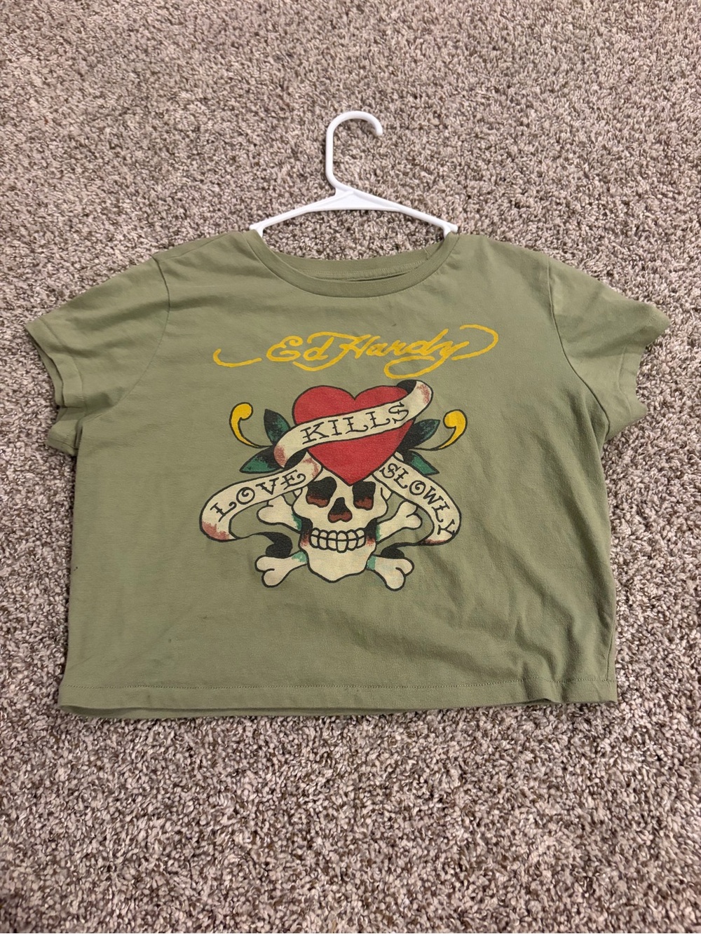 Ed Hardy Olive Green Girls' Tattoo Graphic Tee with Red Heart